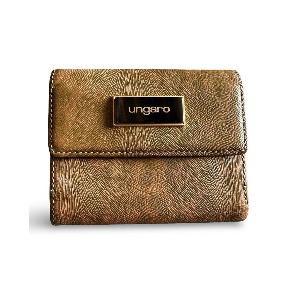 Emanuel Ungaro Brown animal print Leather Trifold Wallet Gold Logo Plaque